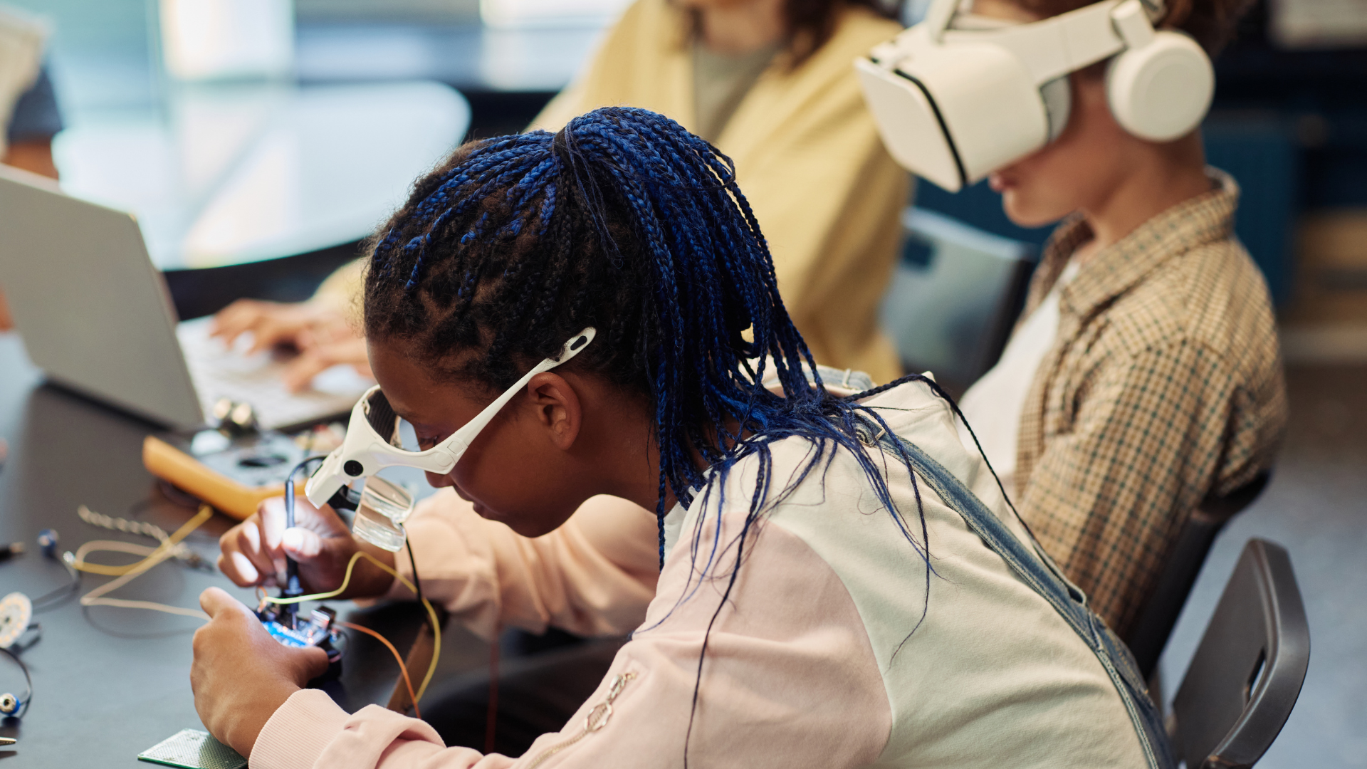 Students learning electronics and technology as part of STEM and space education