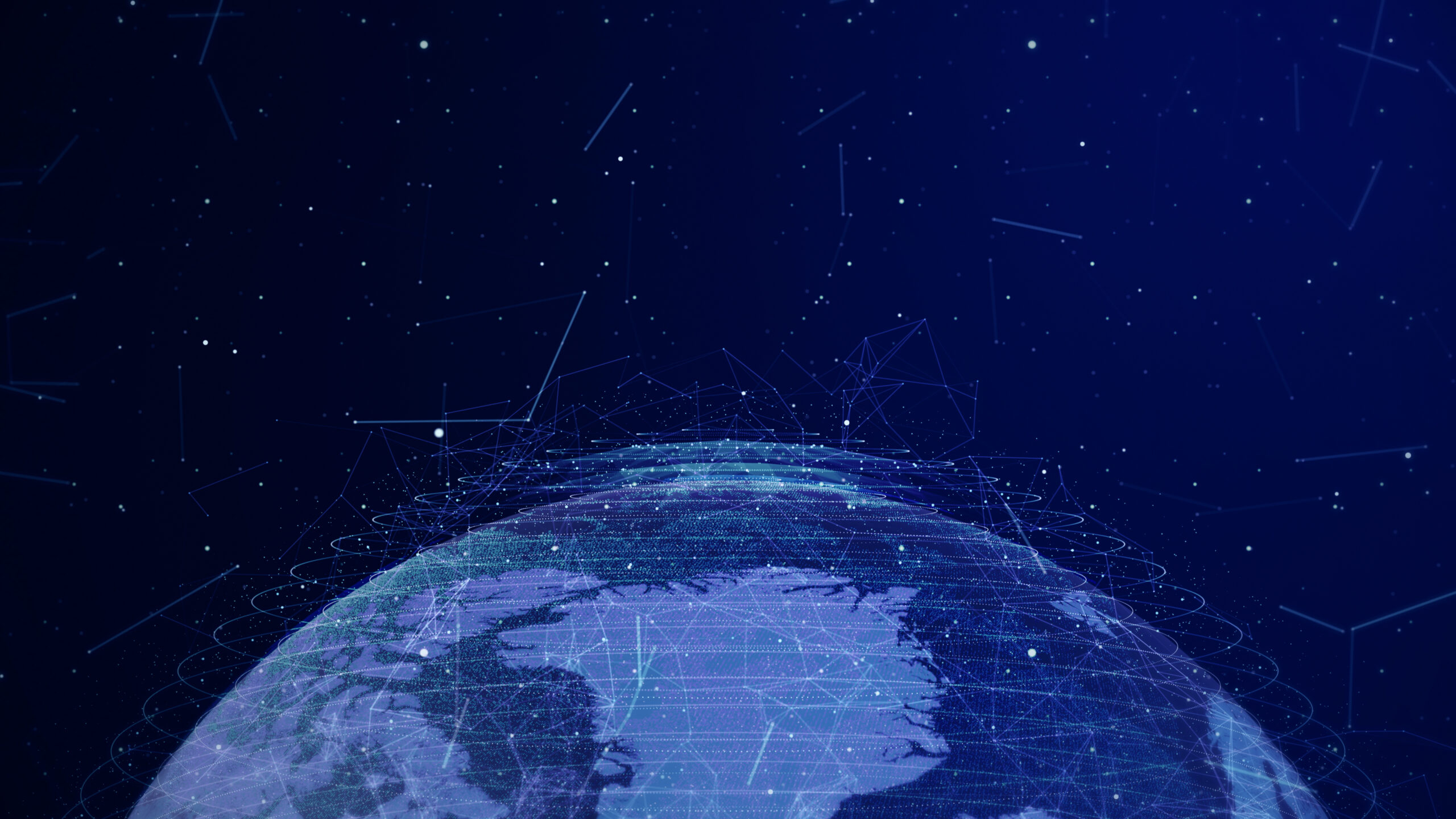 Digital visualization of Earth with interconnected global network lines representing distributed infrastructure and international space communications systems.