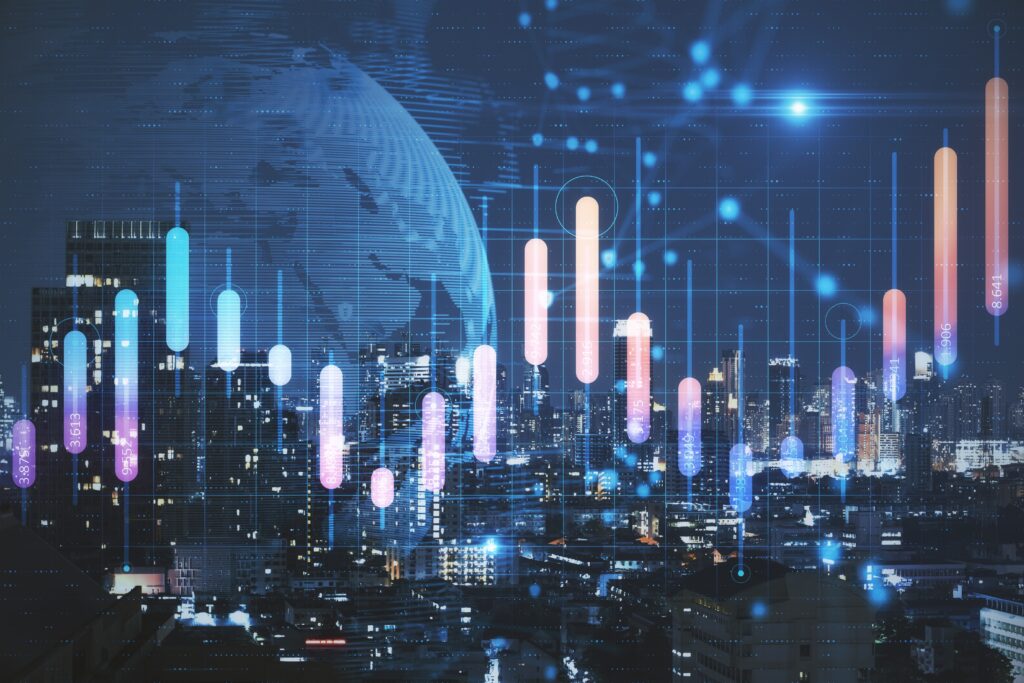Digital world map and financial market data overlay a modern city skyline, illustrating global economic trends, digital transformation, and data-driven financial analysis.