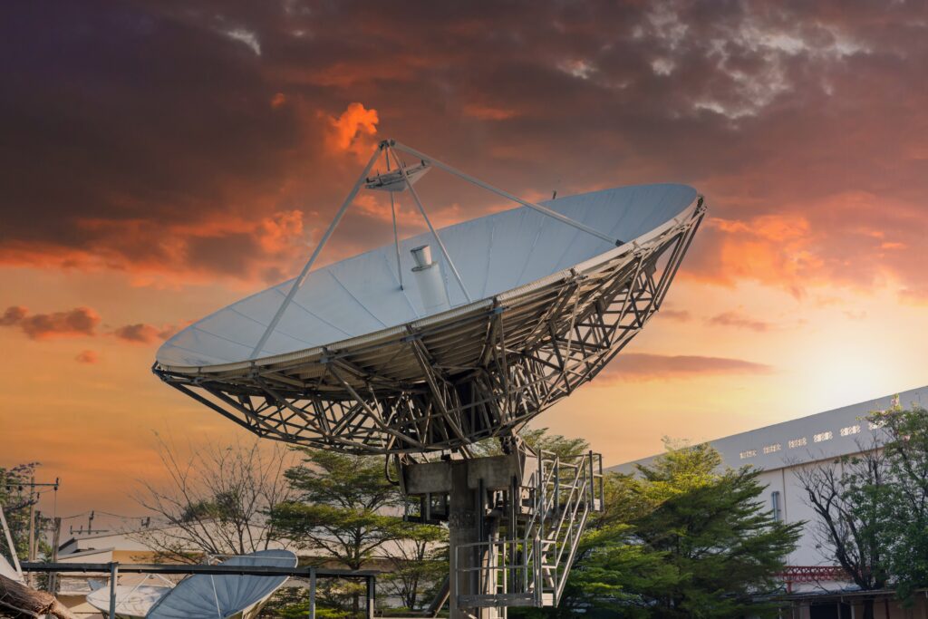 Large satellite communications dish supporting digital connectivity and satellite-enabled infrastructure.